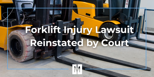 Close-up of forklifts in warehouse with text overlay 'Forklift Injury Lawsuit Reinstated by Court'